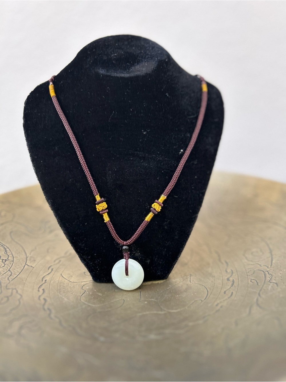 Green Jade Donut Pendant Necklace with Brown Cord
